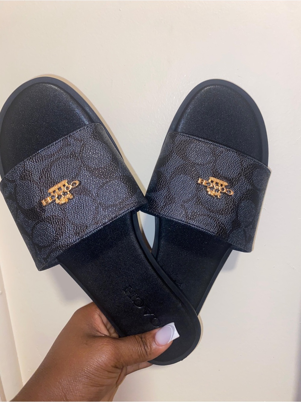 Coach Black Signature Slide Sandals with Gold Logo